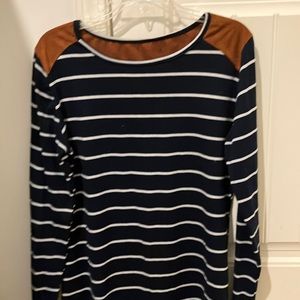 Very cute with stretch pants brown suede at the top of navy & white stripe.